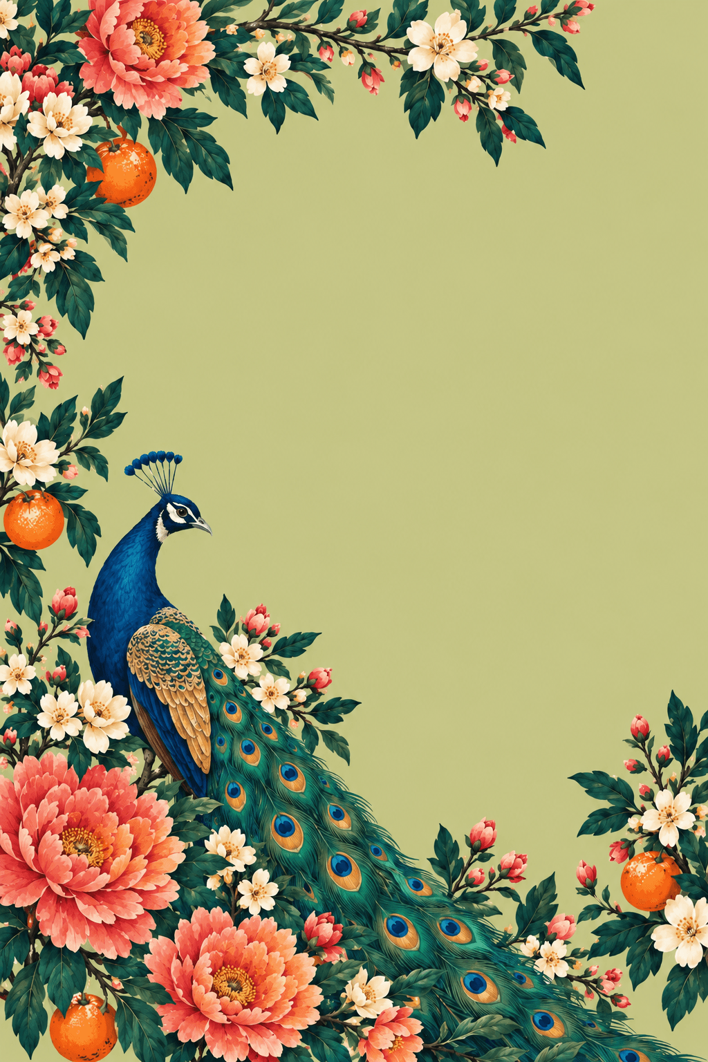 PFAU ZWISCHEN PFINGSTROSEN, BLÜTEN UND ZWEIGEN
